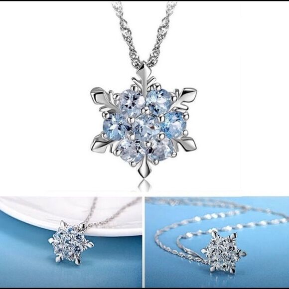 Elegant Blue Crystal   Snowflake Silver Necklace - Picture 4 of 6